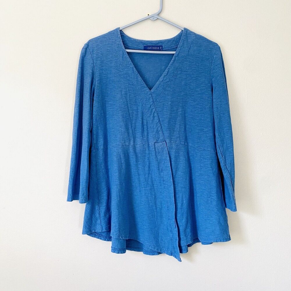 Cut Loose Top Womens Size XS Blue Long Slieeve Shirt Lagenlook Cotton Linen USA